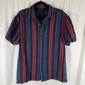 Banana Republic Linen Blend Shirt Men's Large Blue Red Striped Short Sleeve Slim